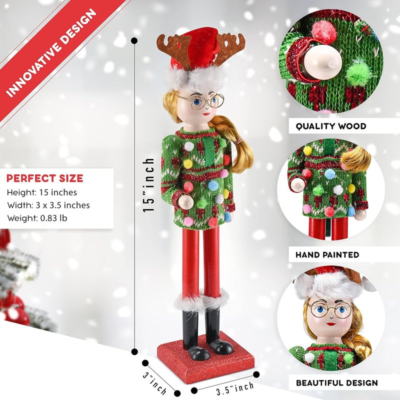Ornativity Christmas Ugly Sweater Nutcracker – Red and Green Wooden Nutcracker Woman with an Ugly Sweater and Reindeer Hat Xmas Themed Holiday Nut Cracker Doll Figure Decorations 15" - Image 4